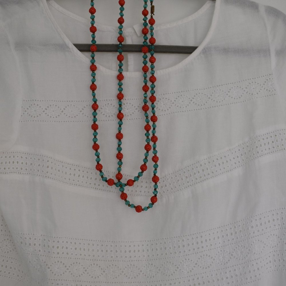 Vintage BoHo Turquoise and Orange Rose Bead Long Necklace